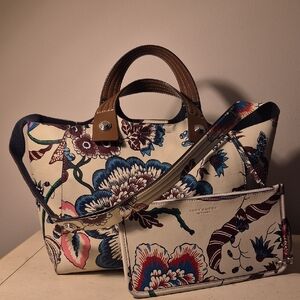 Tory Burch Multicolor Floral Rory Tote and Pouch Leather EUC In Happy Times